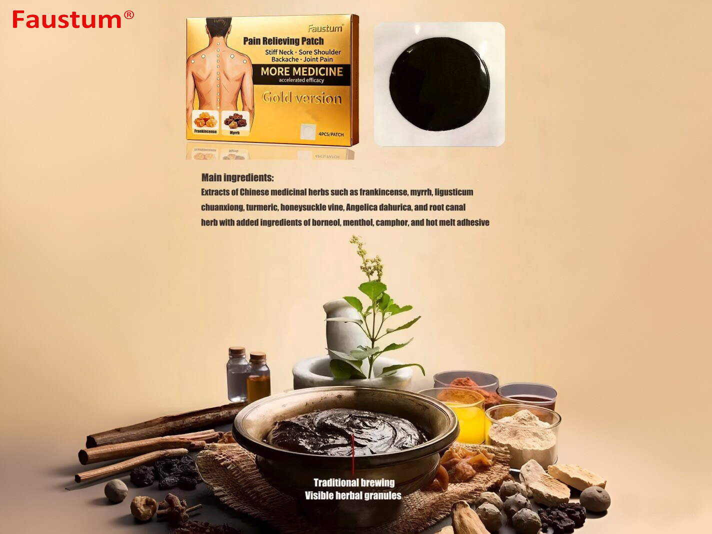 Natural herbal power! Faustum Gold Pain Relieving Patch, visible herbal particles, providing more reassuring pain relief
